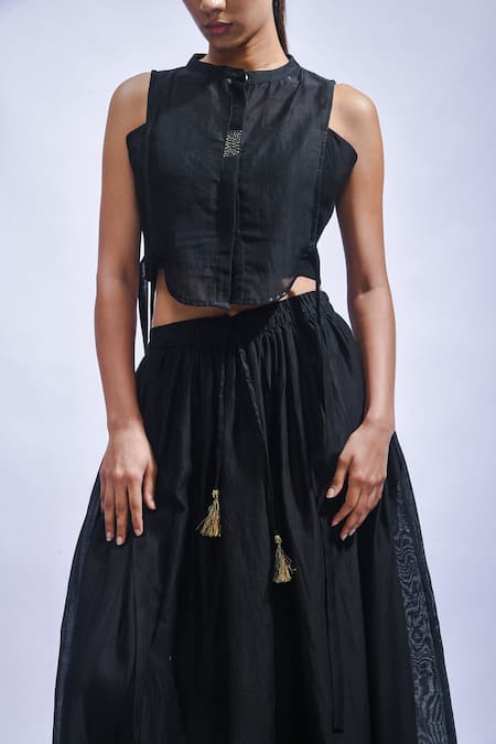 Buy JAYATI GOENKA Black Chanderi Silk Tassels High Neck Top And Skirt Set Buy_JAYATI GOENKA_Black Chanderi Silk Tassels High Neck Top And Skirt Set