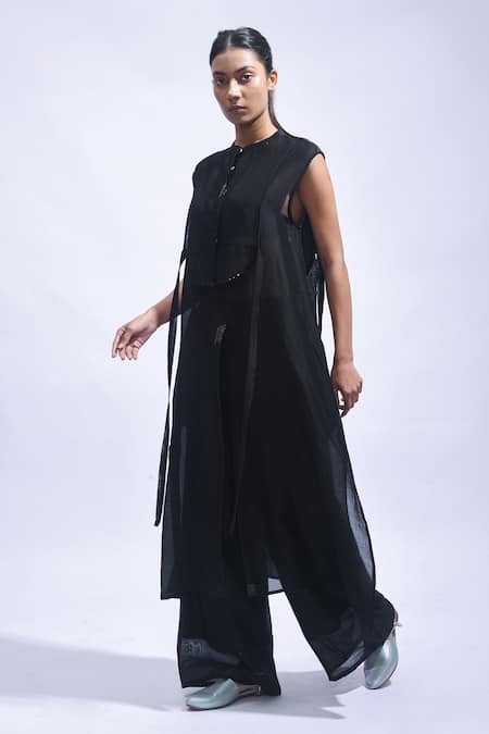 Shop_JAYATI GOENKA_Black Chanderi Silk Mandarin Collar Tunic Pant Set _Online_at_Aza_Fashions