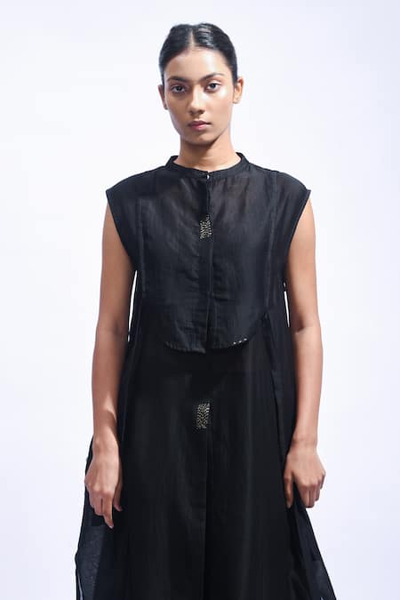 Buy_JAYATI GOENKA_Black Chanderi Silk Mandarin Collar Tunic Pant Set 