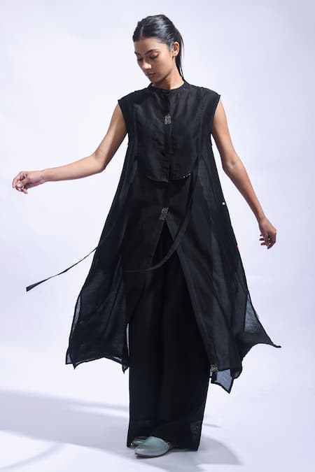Shop_JAYATI GOENKA_Black Chanderi Silk Mandarin Collar Tunic Pant Set 