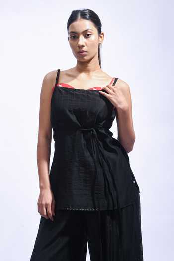 Shop_JAYATI GOENKA_Red Chanderi Silk Square Neck Top And Pant Set _Online_at_Aza_Fashions