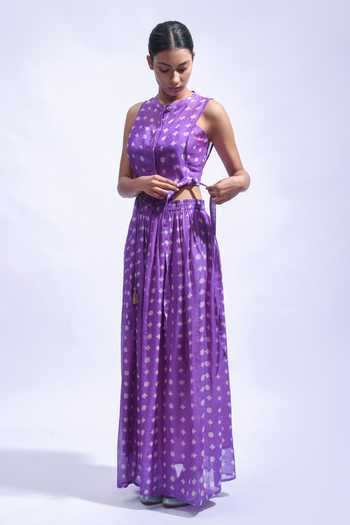 JAYATI GOENKA_Purple Chanderi Silk Tassels Mandarin Collar Printed Skirt Set _Online_at_Aza_Fashions