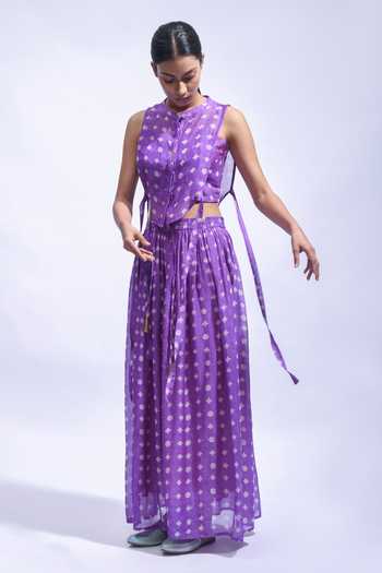 Buy_JAYATI GOENKA_Purple Chanderi Silk Tassels Mandarin Collar Printed Skirt Set _Online_at_Aza_Fashions