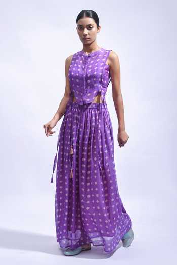 Shop_JAYATI GOENKA_Purple Chanderi Silk Tassels Mandarin Collar Printed Skirt Set _Online_at_Aza_Fashions