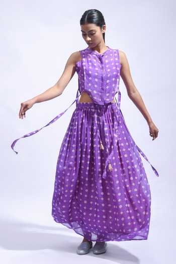 JAYATI GOENKA_Purple Chanderi Silk Tassels Mandarin Collar Printed Skirt Set _at_Aza_Fashions