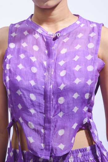 Buy_JAYATI GOENKA_Purple Chanderi Silk Tassels Mandarin Collar Printed Skirt Set 