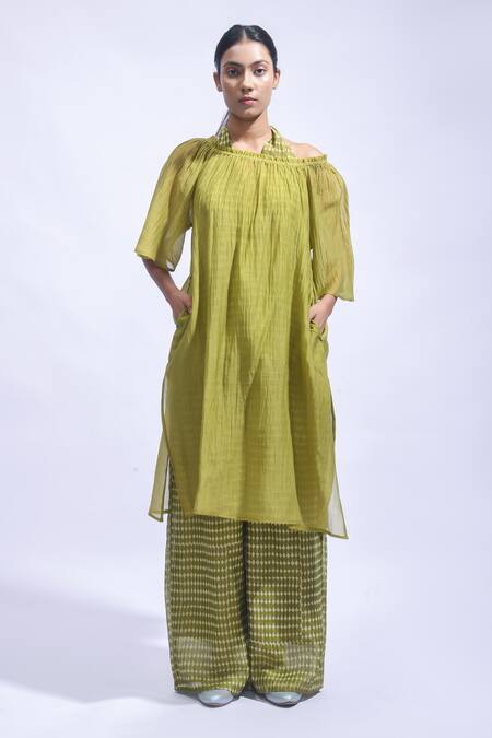 Buy JAYATI GOENKA Olive Green Chanderi Silk Off-shoulder, Halter Neck Tunic And Pant Set Online at Aza Fashions Buy_JAYATI GOENKA_Olive Green Chanderi Silk Off-shoulder, Halter Neck Tunic And Pant Set _Online_at_Aza_Fashions