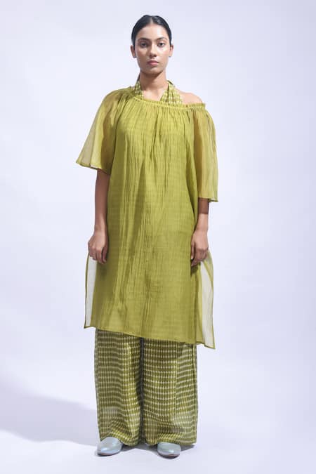 Shop JAYATI GOENKA Olive Green Chanderi Silk Off-shoulder, Halter Neck Tunic And Pant Set Online at Aza Fashions Shop_JAYATI GOENKA_Olive Green Chanderi Silk Off-shoulder, Halter Neck Tunic And Pant Set _Online_at_Aza_Fashions