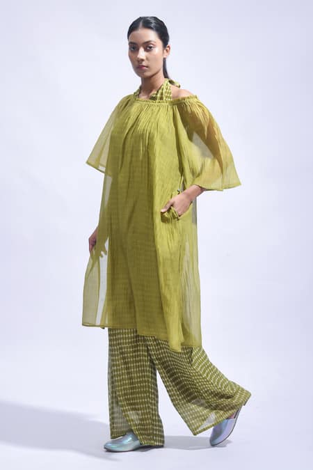 Buy JAYATI GOENKA Olive Green Chanderi Silk Off-shoulder, Halter Neck Tunic And Pant Set Buy_JAYATI GOENKA_Olive Green Chanderi Silk Off-shoulder, Halter Neck Tunic And Pant Set