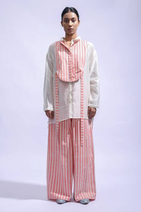 JAYATI GOENKA Pink Chanderi Silk, Poplin Mandarin Collar Plain Shirt And Trousers Set Online at Aza Fashions JAYATI GOENKA_Pink Chanderi Silk, Poplin Mandarin Collar Plain Shirt And Trousers Set _Online_at_Aza_Fashions