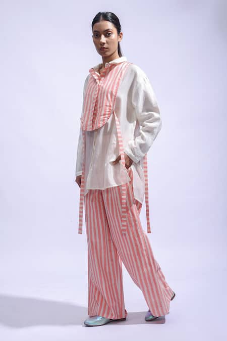 Shop JAYATI GOENKA Pink Chanderi Silk, Poplin Mandarin Collar Plain Shirt And Trousers Set Online at Aza Fashions Shop_JAYATI GOENKA_Pink Chanderi Silk, Poplin Mandarin Collar Plain Shirt And Trousers Set _Online_at_Aza_Fashions