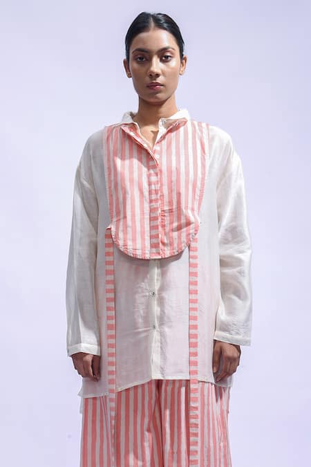 JAYATI GOENKA Pink Chanderi Silk, Poplin Mandarin Collar Plain Shirt And Trousers Set at Aza Fashions JAYATI GOENKA_Pink Chanderi Silk, Poplin Mandarin Collar Plain Shirt And Trousers Set _at_Aza_Fashions