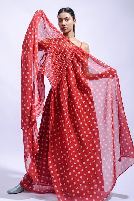 Shop_JAYATI GOENKA_Red Chanderi Silk Sweetheart Neck Printed Skirt Set 