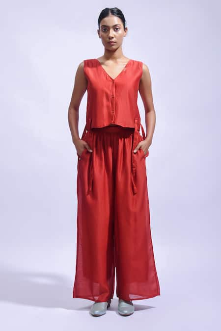 JAYATI GOENKA Crimson Chanderi Silk Vest & Pant Set 