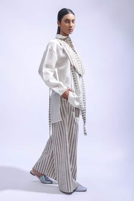 JAYATI GOENKA_Off White Chanderi Silk, Poplin Collared Ash Stripe Pattern Yoke With Pant Set _Online_at_Aza_Fashions