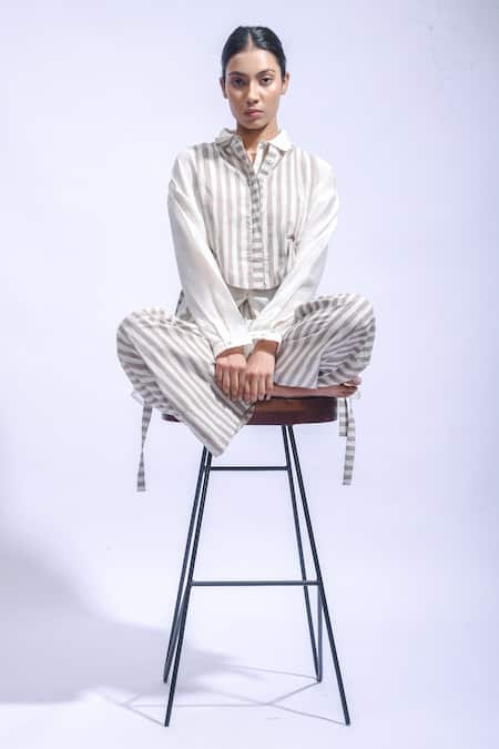 Shop_JAYATI GOENKA_Off White Chanderi Silk, Poplin Collared Ash Stripe Pattern Yoke With Pant Set _Online_at_Aza_Fashions