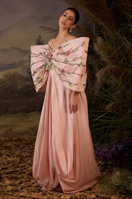 Buy Samant Chauhan Pink Silk Embroidery Off-shoulder Bow Cotton Spaghetti Strap Gown Online at Aza Fashions Buy_Samant Chauhan_Pink Silk Embroidery Off-shoulder Bow Cotton Spaghetti Strap Gown _Online_at_Aza_Fashions