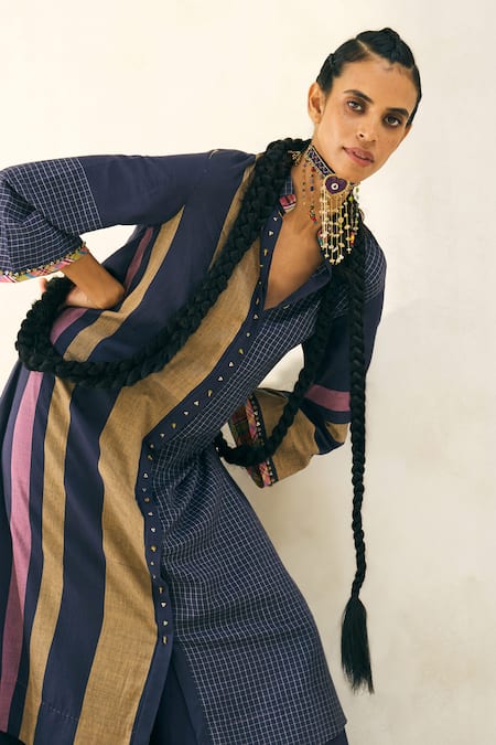 Buy Swatti Kapoor Blue Cotton, Chanderi V-neck, Collared Taylor Striped And Checkered Kurta Pant Set Buy_Swatti Kapoor_Blue Cotton, Chanderi V-neck, Collared Taylor Striped And Checkered Kurta Pant Set