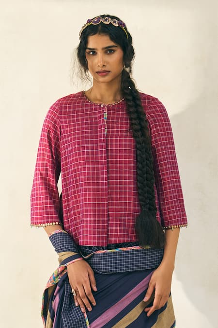 Swatti Kapoor Oscar Checkered Handwoven Cotton Blouse 