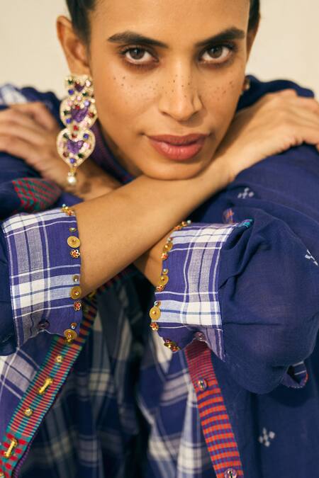 Swatti Kapoor_Multi Color Handloom Cotton Beads Collared Peter Checkered Shirt _at_Aza_Fashions