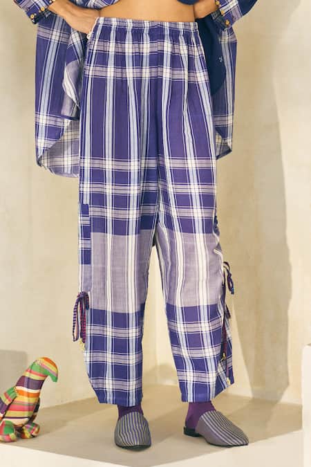 Swatti Kapoor Blue Cotton Beads Oliver Checkered Pant Online at Aza Fashions Swatti Kapoor_Blue Cotton Beads Oliver Checkered Pant _Online_at_Aza_Fashions
