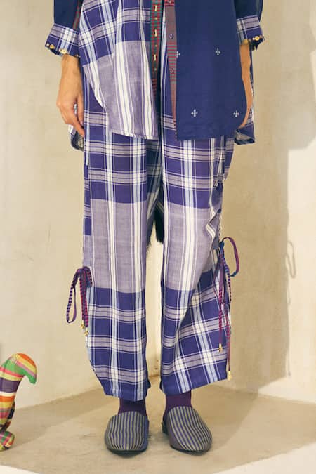 Buy_Swatti Kapoor_Blue Cotton Embroidery, Beads, Tassels Collared Peter Checkered Pant Set _Online_at_Aza_Fashions
