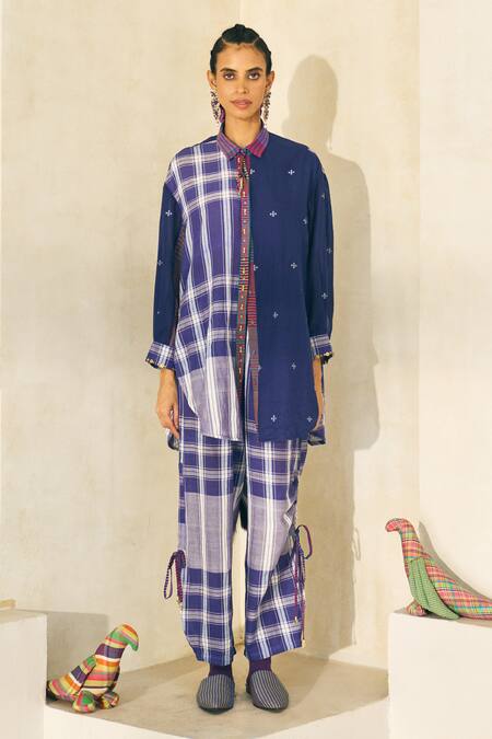 Shop_Swatti Kapoor_Blue Cotton Embroidery, Beads, Tassels Collared Peter Checkered Pant Set _Online_at_Aza_Fashions