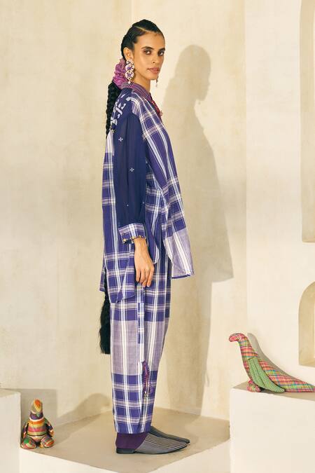 Swatti Kapoor_Blue Cotton Embroidery, Beads, Tassels Collared Peter Checkered Pant Set _at_Aza_Fashions
