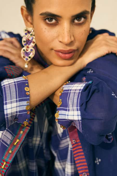 Buy_Swatti Kapoor_Blue Cotton Embroidery, Beads, Tassels Collared Peter Checkered Pant Set 