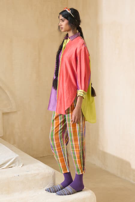 Swatti Kapoor_Multi Color Cotton Embroidery Coco Checkered Pant _Online_at_Aza_Fashions