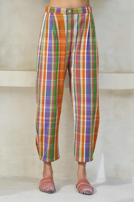Buy_Swatti Kapoor_Multi Color Cotton Embroidery Coco Checkered Pant _Online_at_Aza_Fashions