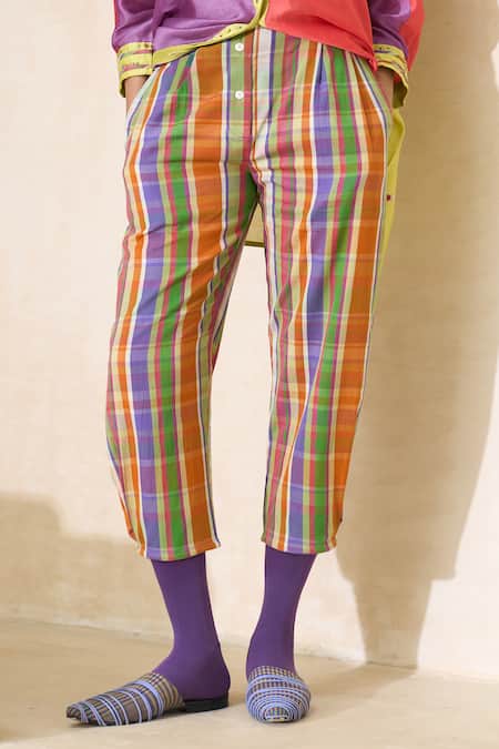 Buy_Swatti Kapoor_Multi Color Cotton Embroidery Coco Checkered Pant 