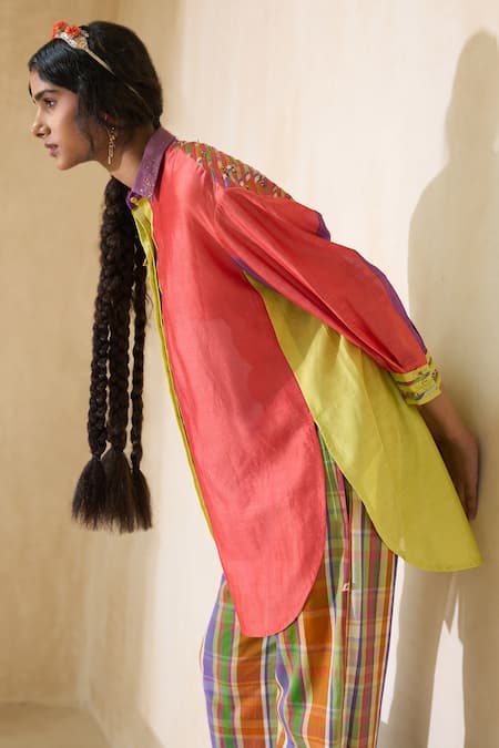 Shop Swatti Kapoor Multi Color Cotton Embroidery Collared Hazel Handwoven Shirt And Pant Set Online at Aza Fashions Shop_Swatti Kapoor_Multi Color Cotton Embroidery Collared Hazel Handwoven Shirt And Pant Set _Online_at_Aza_Fashions