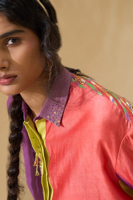 Buy Swatti Kapoor Multi Color Cotton Embroidery Collared Hazel Handwoven Shirt And Pant Set Buy_Swatti Kapoor_Multi Color Cotton Embroidery Collared Hazel Handwoven Shirt And Pant Set