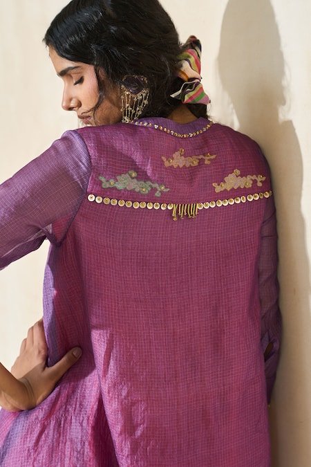Shop Swatti Kapoor Purple Silk, Cotton Beads Split V-neck Sam Handwoven Kurta Online at Aza Fashions Shop_Swatti Kapoor_Purple Silk, Cotton Beads Split V-neck Sam Handwoven Kurta _Online_at_Aza_Fashions