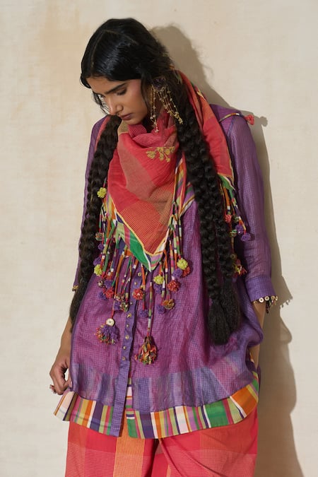 Buy Swatti Kapoor Purple Silk, Cotton Beads Split V-neck Sam Handwoven Kurta Buy_Swatti Kapoor_Purple Silk, Cotton Beads Split V-neck Sam Handwoven Kurta