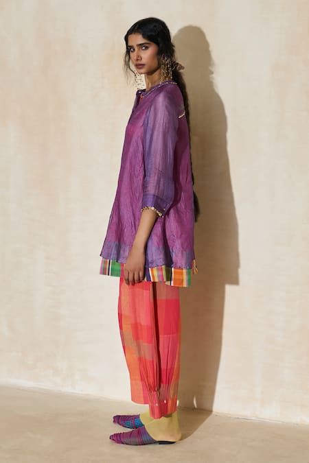 Shop Swatti Kapoor Purple Silk, Cotton Beads Split V-neck Sam Handwoven Kurta Shop_Swatti Kapoor_Purple Silk, Cotton Beads Split V-neck Sam Handwoven Kurta