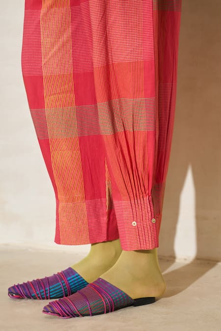 Buy_Swatti Kapoor_Coral Cambric Embroidery Rio Checkered Pant _Online_at_Aza_Fashions