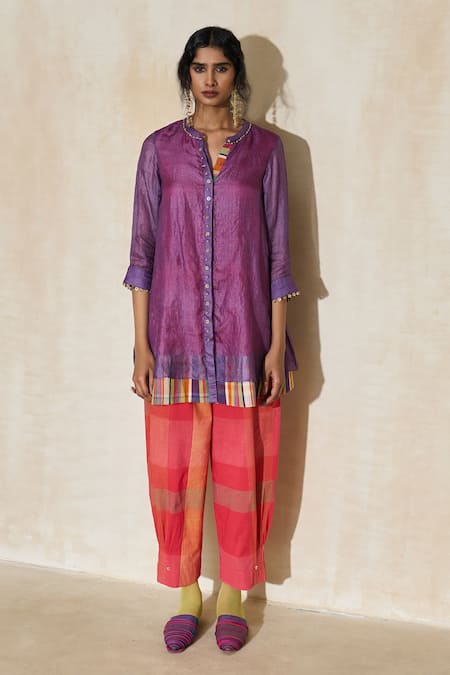 Buy_Swatti Kapoor_Purple Silk, Cotton Beads Sam Handwoven Kurta And Checkered Pant Set _Online_at_Aza_Fashions