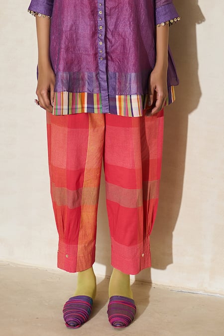 Shop_Swatti Kapoor_Purple Silk, Cotton Beads Sam Handwoven Kurta And Checkered Pant Set _Online_at_Aza_Fashions