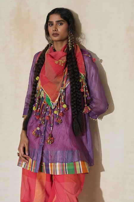 Buy_Swatti Kapoor_Purple Silk, Cotton Beads Sam Handwoven Kurta And Checkered Pant Set 