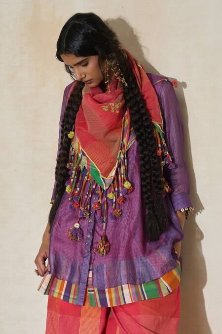 Shop_Swatti Kapoor_Purple Silk, Cotton Beads Sam Handwoven Kurta And Checkered Pant Set 