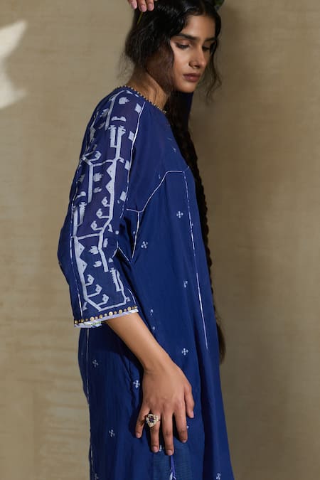 Shop_Swatti Kapoor_Blue Cotton, Silk Embroidery, Beads, Piping, Nancy Handwoven Kurta Pant Set _Online_at_Aza_Fashions