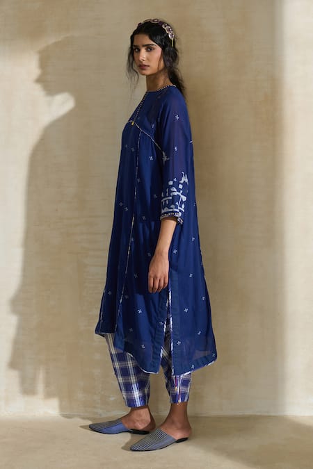 Buy_Swatti Kapoor_Blue Cotton, Silk Embroidery, Beads, Piping, Nancy Handwoven Kurta Pant Set 