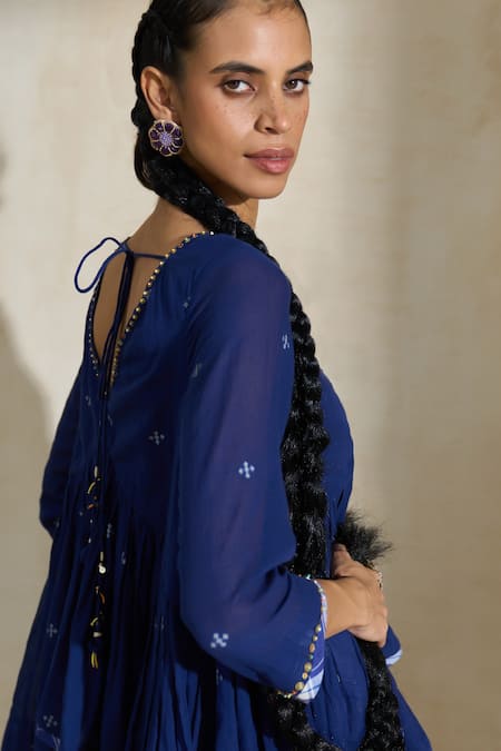 Shop_Swatti Kapoor_Blue Handloom Cotton Beads V-neck Kate Gathered Top _Online_at_Aza_Fashions