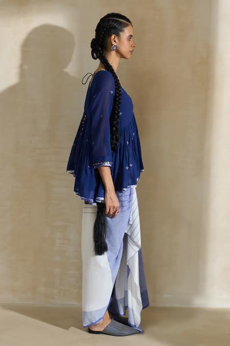 Buy Swatti Kapoor Blue Handloom Cotton Beads, Tassels V-neck Kate Top And Draped Skirt Set Online at Aza Fashions Buy_Swatti Kapoor_Blue Handloom Cotton Beads, Tassels V-neck Kate Top And Draped Skirt Set _Online_at_Aza_Fashions