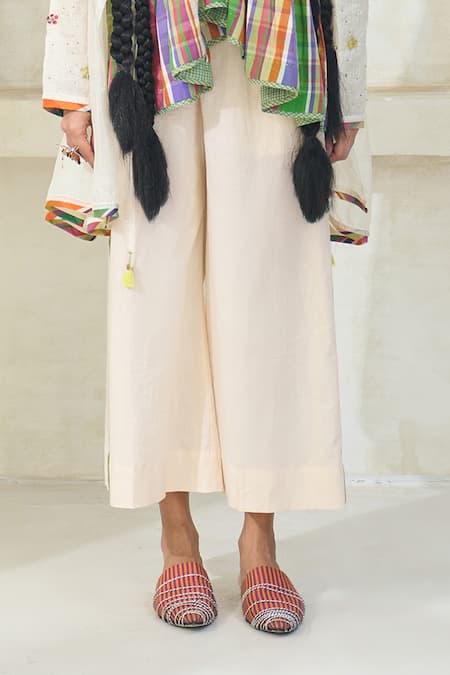 Swatti Kapoor Off White Silk, Cotton Embroidery, Tassels Round Romy Sheer Overlay And Pant Set Online at Aza Fashions Swatti Kapoor_Off White Silk, Cotton Embroidery, Tassels Round Romy Sheer Overlay And Pant Set _Online_at_Aza_Fashions