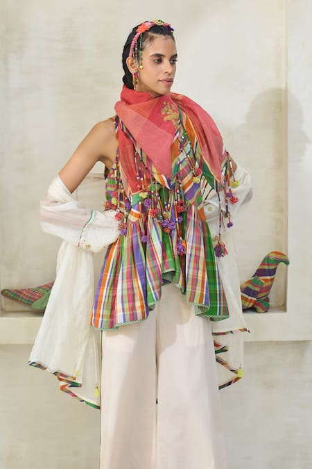 Shop Swatti Kapoor Off White Silk, Cotton Embroidery, Tassels Round Romy Sheer Overlay And Pant Set Online at Aza Fashions Shop_Swatti Kapoor_Off White Silk, Cotton Embroidery, Tassels Round Romy Sheer Overlay And Pant Set _Online_at_Aza_Fashions