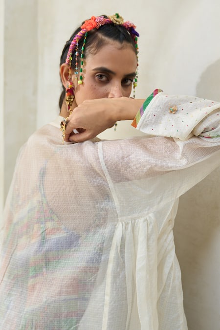 Swatti Kapoor Off White Silk, Cotton Embroidery, Tassels Round Romy Sheer Overlay And Pant Set at Aza Fashions Swatti Kapoor_Off White Silk, Cotton Embroidery, Tassels Round Romy Sheer Overlay And Pant Set _at_Aza_Fashions