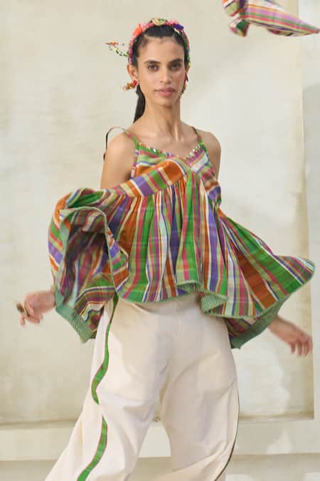 Shop_Swatti Kapoor_Multi Color Cotton Tassels, Pom-poms V-neck Gigi Checkered Top _Online_at_Aza_Fashions